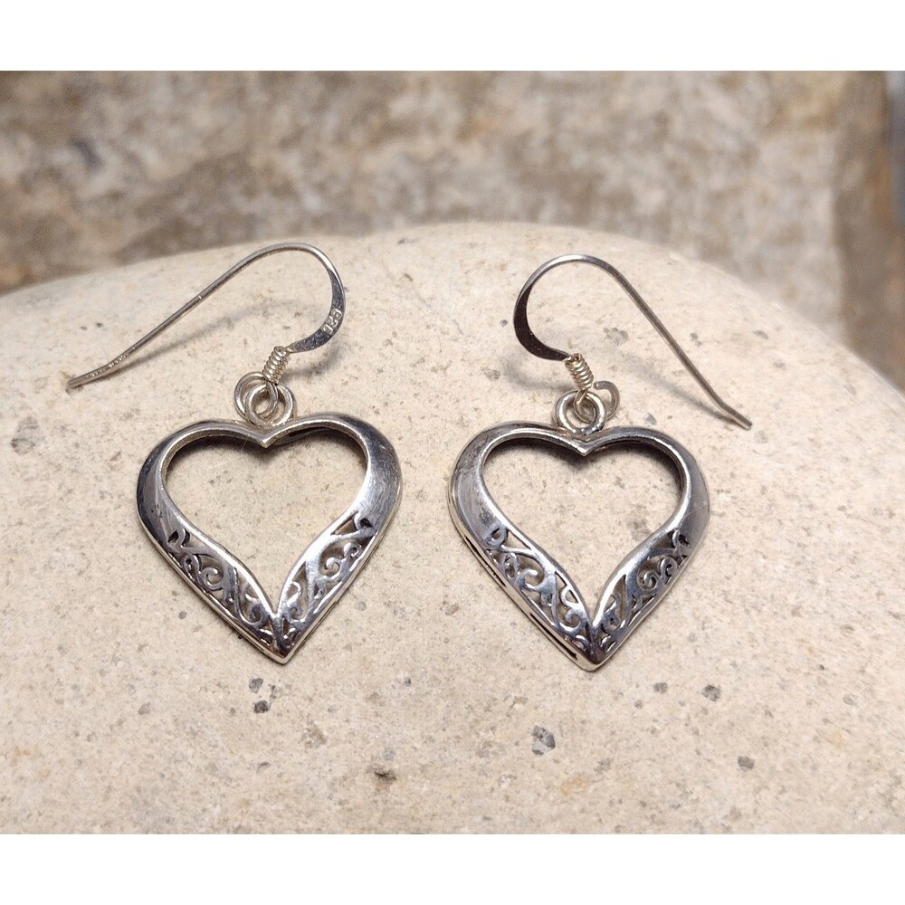 Vintage Sterling Silver 925 Victorian style Scroll Heart Dangle Earrings